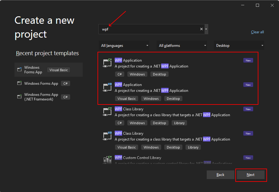 在 Visual Studio 2022 for .NET 中搜索 WPF 模板。7