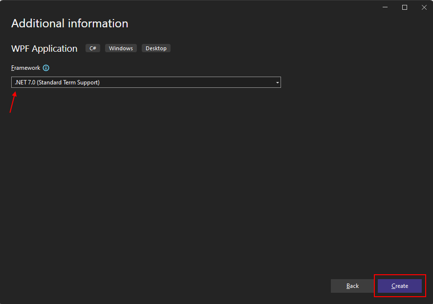 在 Visual Studio 2022 for .NET 7 中为新 WPF 项目选择目标框架