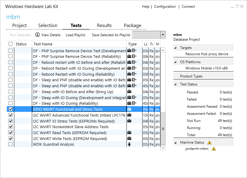 Windows 硬件实验室工具包的屏幕截图，其中显示了“测试”选项卡，其中选择了“G P I O Win R T 功能和压力测试”选项。